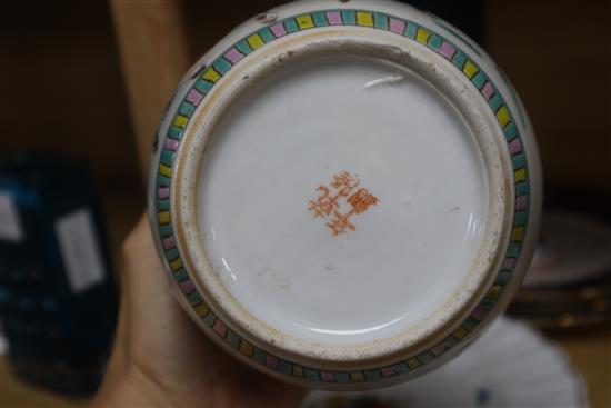 A Chinese famille rose jar and teapot and a famille verte jardiniere